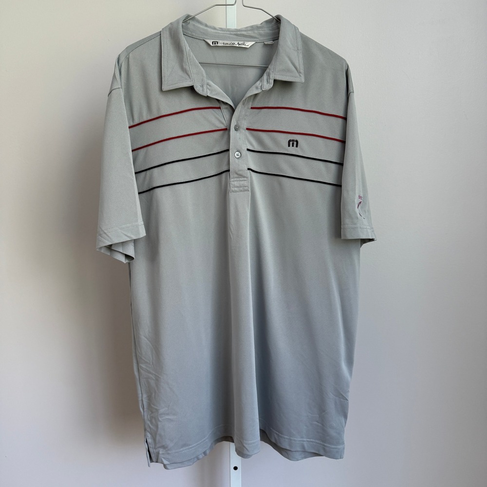 Travis Mathew Sporty Rugged Golf Striped DCC‎ 15 Pink Ribbon Polo XL Gray